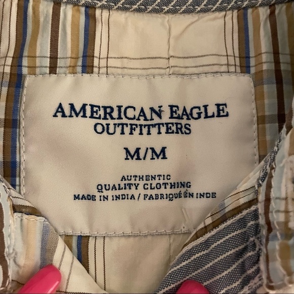 American Eagle Vintage Fit Pearl Snap Shirt Men's Size‎ M Beige Plaid - Picture 6 of 10
